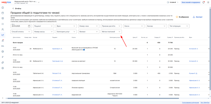 Метки в продажи общий с подытогами