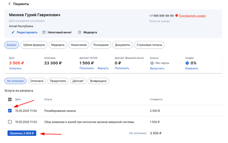 оплата одной услуги